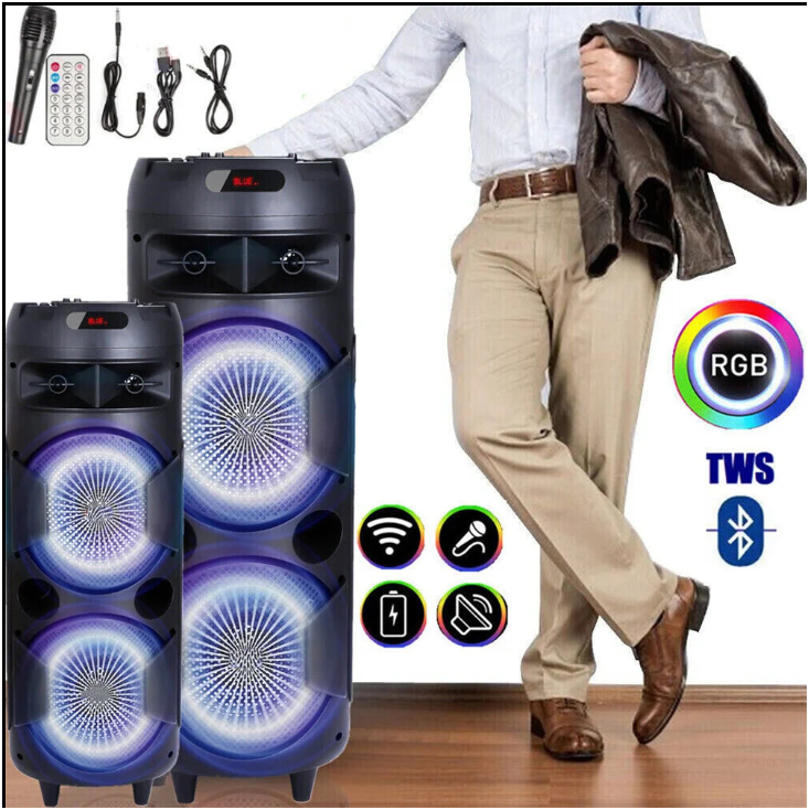 Two Bluetooth party speakers with vibrant RGB lights, shown alongside included accessories: microphone, remote, charging cable, and AUX cord on a white backdrop.