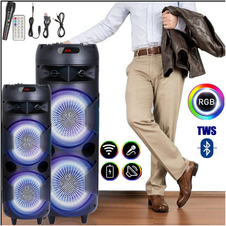 Two Bluetooth party speakers with vibrant RGB lights, shown alongside included accessories: microphone, remote, charging cable, and AUX cord on a white backdrop.
