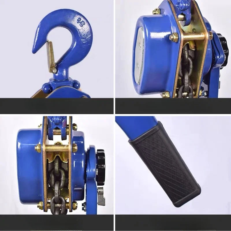A zoomed-in view of the hoist’s black rubber handle, smooth lever action, and precise internal gear system, emphasizing control and durability.