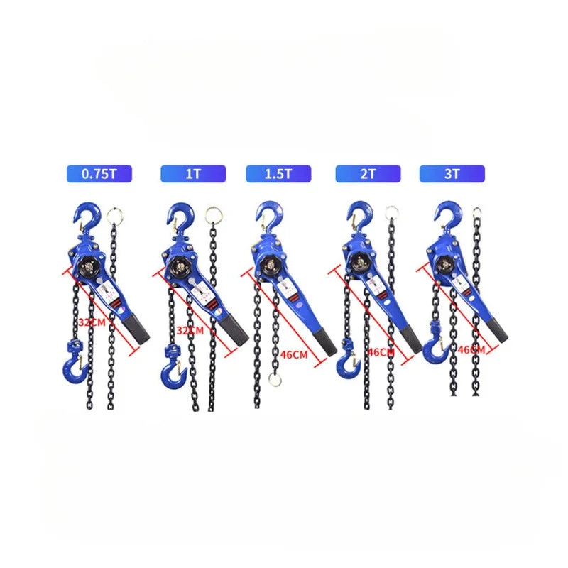 A display of five blue chain hoists in different sizes lined up side-by-side with labeled specifications, highlighting lifting capacity and height differences.