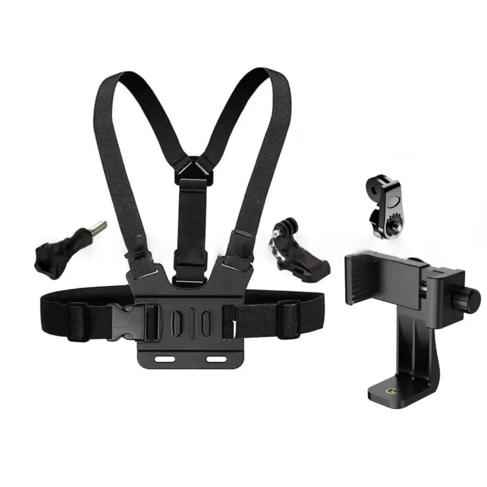 Detailed guide showing how to assemble and secure the chest mount harness with clear step-by-step visuals, including phone holder installation.