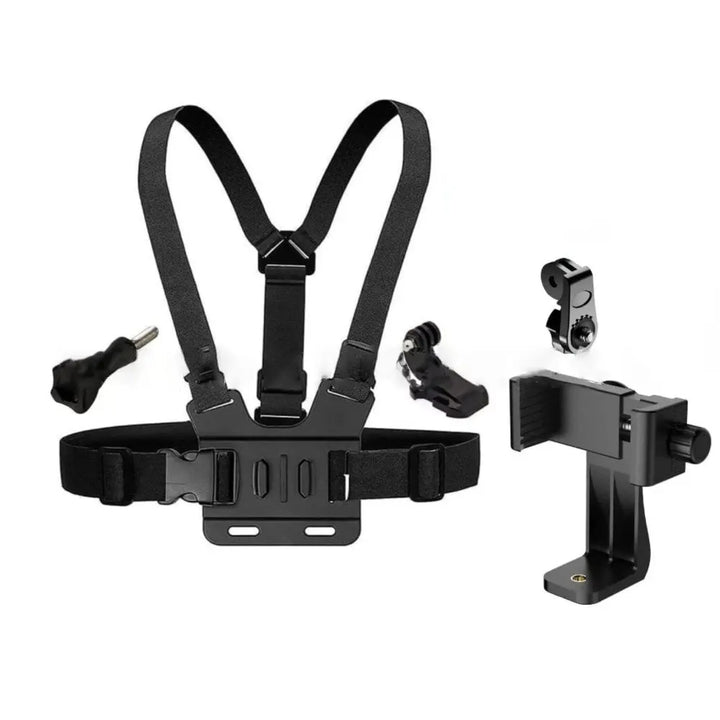 Detailed guide showing how to assemble and secure the chest mount harness with clear step-by-step visuals, including phone holder installation.