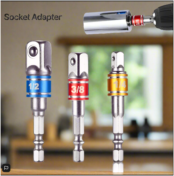 Three sturdy chrome socket adapters color-coded in blue, red, and gold stand upright on a wooden table in front of a blurred indoor workshop window. A power drill above is engaging with the 3/8 adapter and chrome socket.