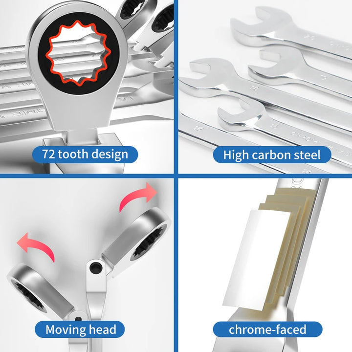 Comparison of different wrench head positions, demonstrating the movable head feature