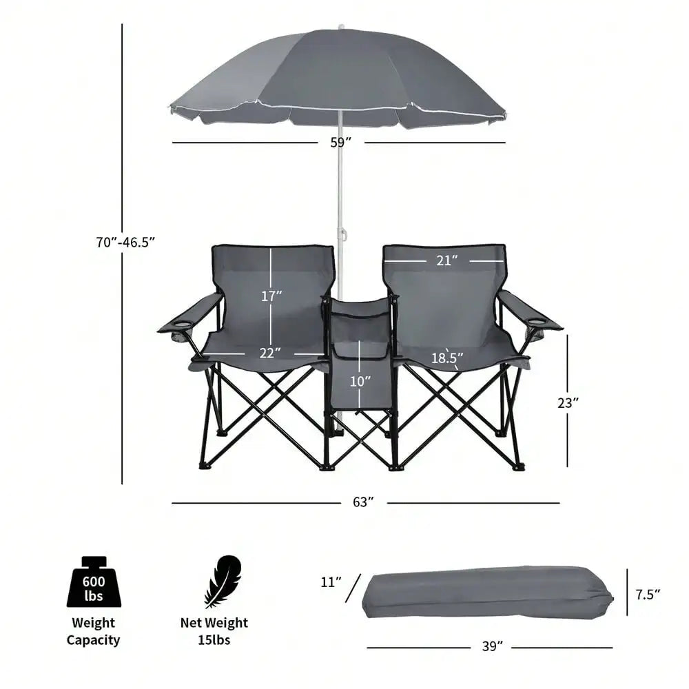 A product diagram shows the height, width, and carry case size of the double folding chairs and umbrella, highlighting compact storage and portability.