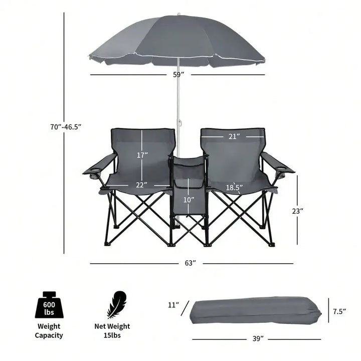 A product diagram shows the height, width, and carry case size of the double folding chairs and umbrella, highlighting compact storage and portability.