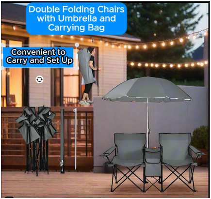 Two folding chairs with a shared umbrella set up on a backyard deck at dusk, with string lights glowing and a person carrying the compact set in a bag.