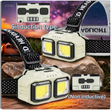 Close-up of dual-beam LED headlamps with adjustable straps, showing both sensor-activated (inductive) and manual (non-inductive) versions, ideal for camping or night work.