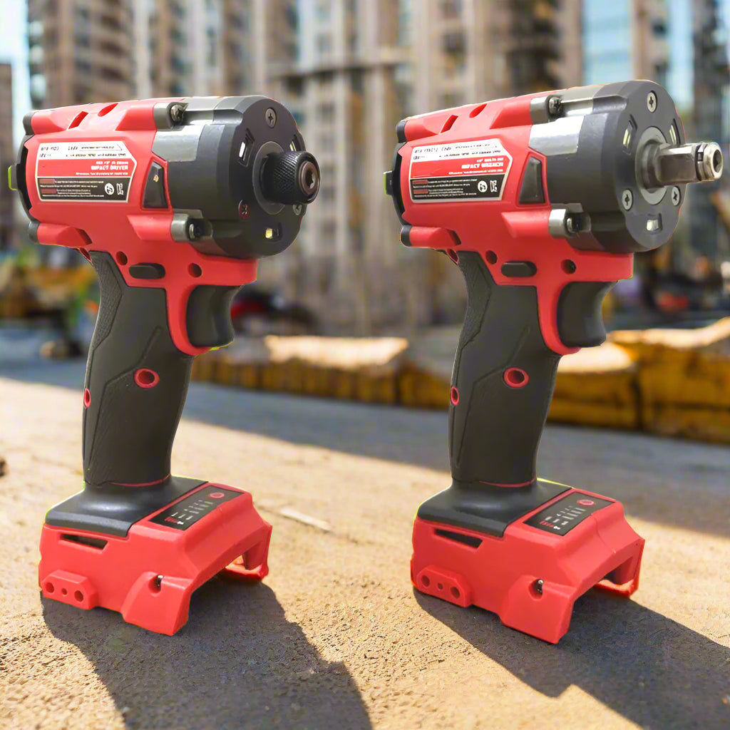 Two SmartGearPros drivers positioned outdoors on concrete during real-world use, with urban construction site in background.