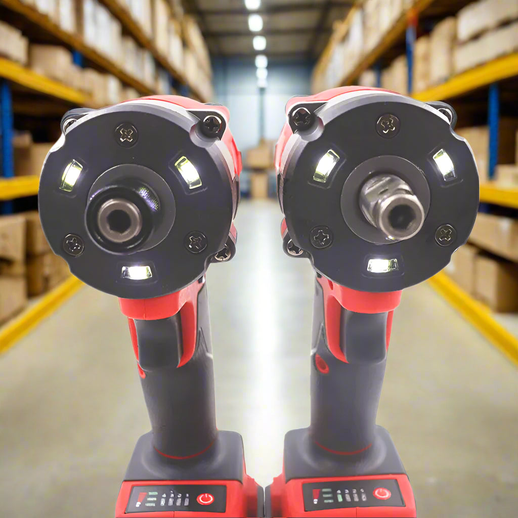Two SmartGearPros cordless drivers shown from the front, both lit up with built-in LED ring lights in a warehouse aisle.