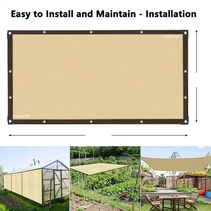 An installation diagram showing grommet placement around the rectangular shade sail, with smaller example photos of the sail used in gardens and patios.