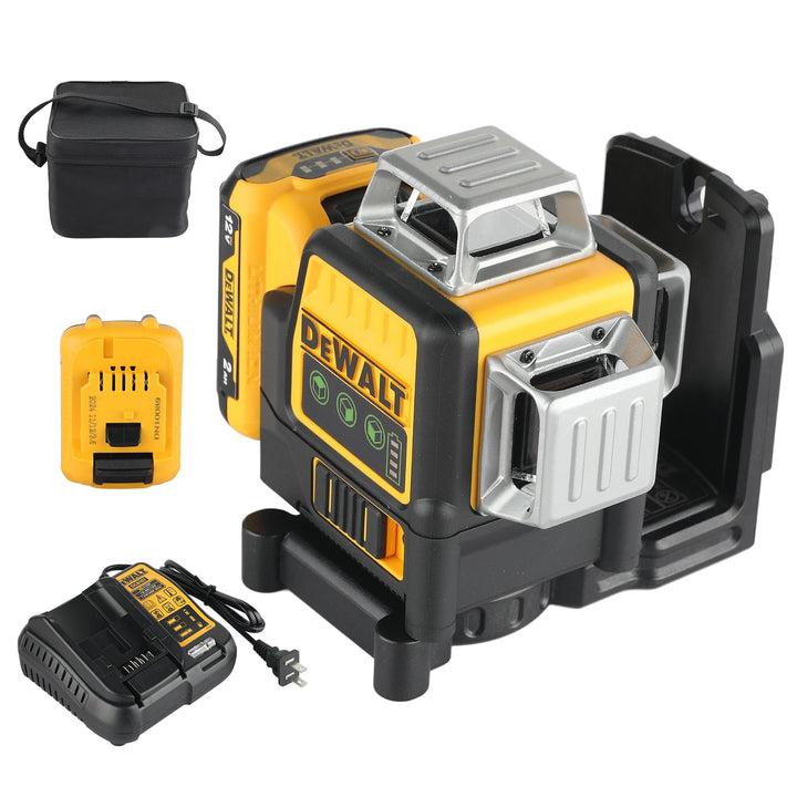 Laser level displayed with two 12V batteries, fast charger, and a compact black carrying case, showing a full all-in-one setup on a clean white background.