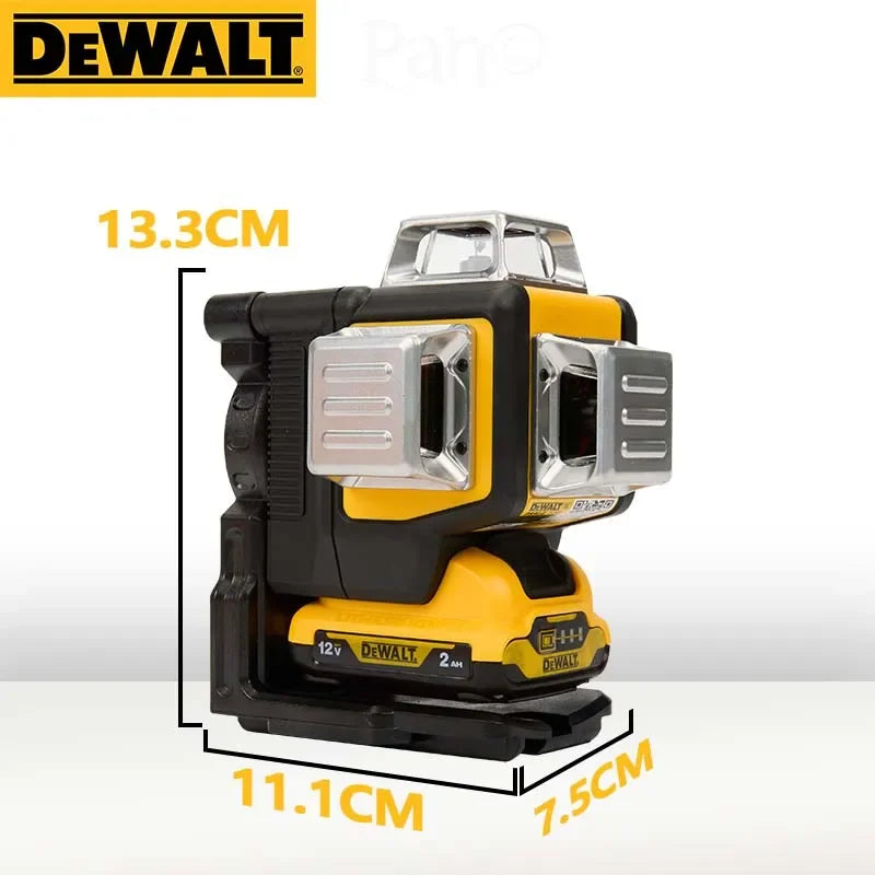  Laser level against a white background with labeled dimensions: height 13.3 cm, width 11.1 cm, depth 7.5 cm. Yellow DEWALT styling with side sensors visible.