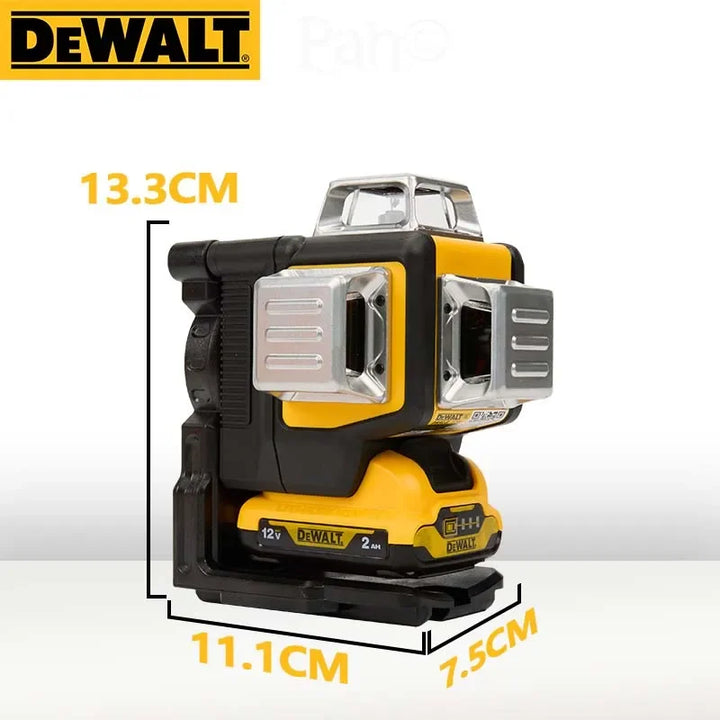  Laser level against a white background with labeled dimensions: height 13.3 cm, width 11.1 cm, depth 7.5 cm. Yellow DEWALT styling with side sensors visible.