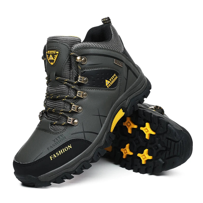 Green winter boots featuring a sturdy sole with yellow anti-slip grips.