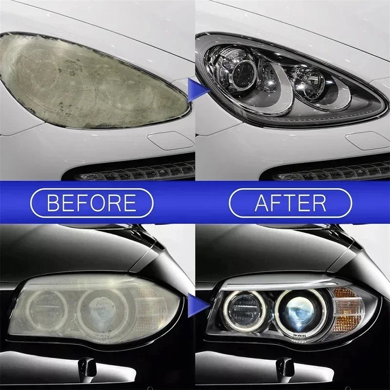 Two sets of headlights display dramatic before-and-after results. The left shows oxidized haze, and the right reveals restored, sharp clarity with improved visibility.