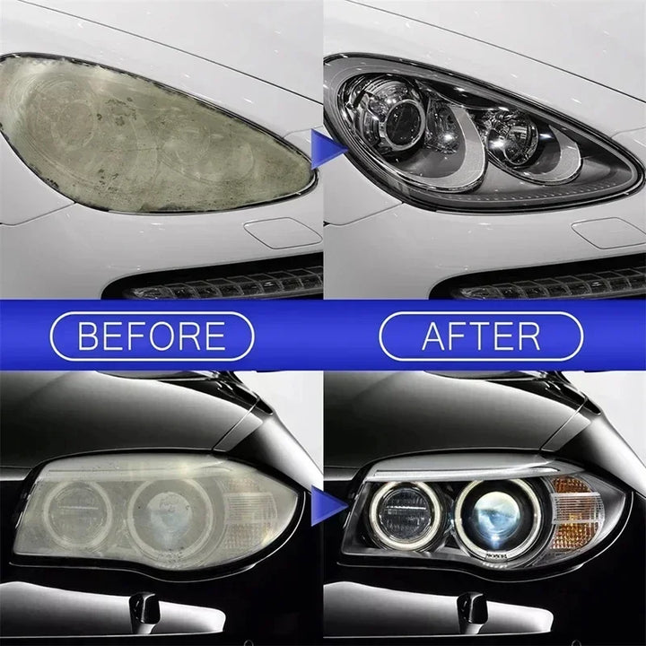 Two sets of headlights display dramatic before-and-after results. The left shows oxidized haze, and the right reveals restored, sharp clarity with improved visibility.
