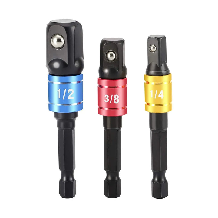 3-piece socket adapter set with extra-wide black bases and color-coded collars, laid out vertically for 1/2", 3/8", and 1/4" drive sizes.