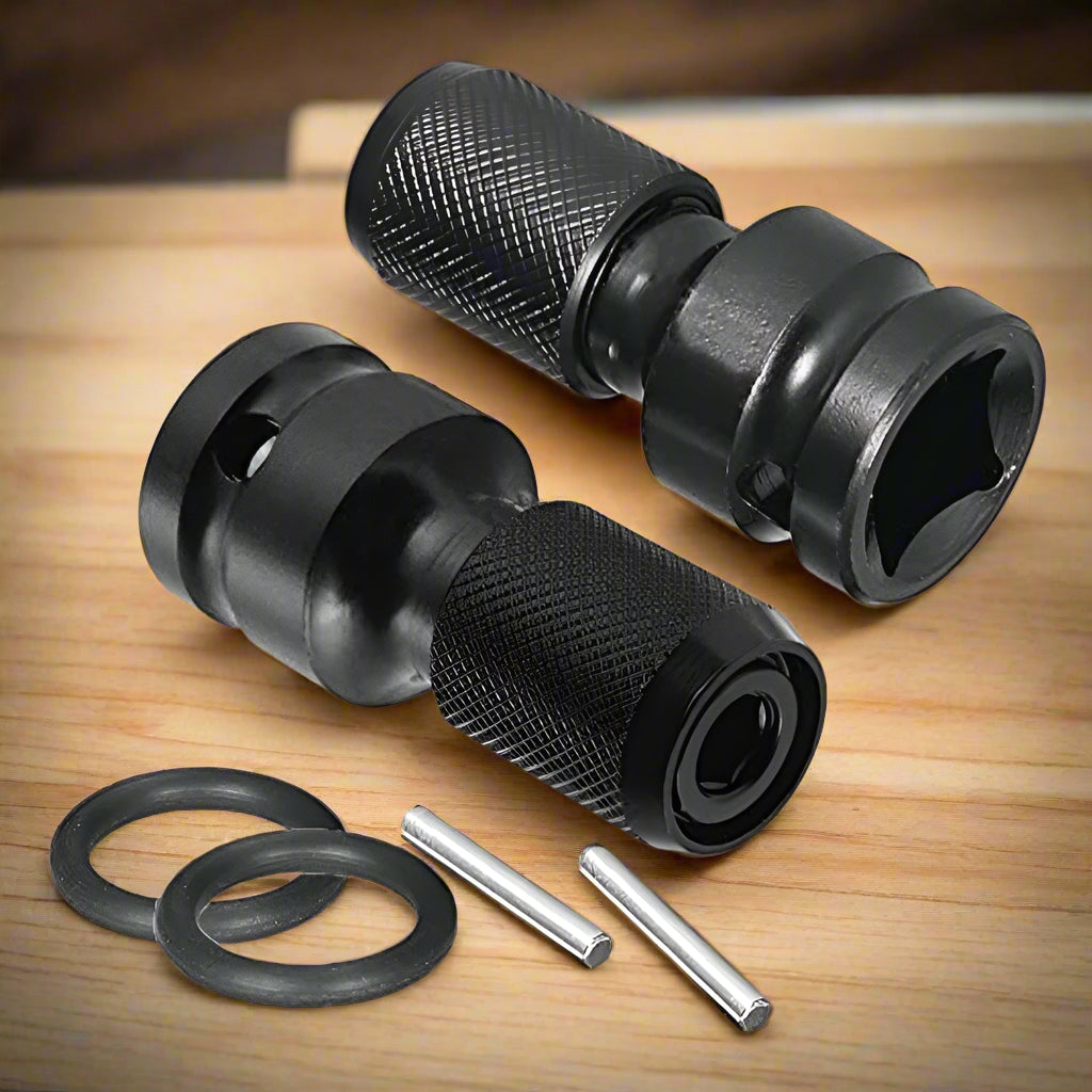 Full 1/2" to 1/4" hex adapter kit shown on a wooden surface, including the adapter, locking pins, and O-rings, neatly arranged for display.