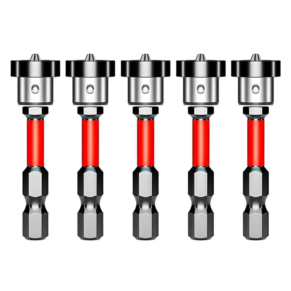 et of five magnetic hex bits lined up vertically with red shafts and labeled black tips, displayed on a clean white background