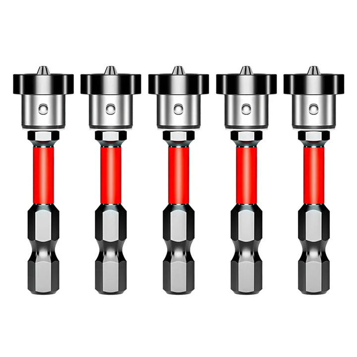et of five magnetic hex bits lined up vertically with red shafts and labeled black tips, displayed on a clean white background