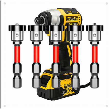1/4-inch hex bits aligned in front of a yellow and black DeWalt impact driver on a white background with no text overlay.