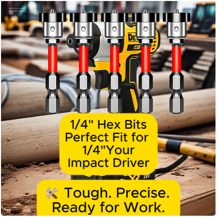 Red and silver 1/4-inch hex bits lined up in front of a DeWalt impact driver on a white background with yellow text overlay.
