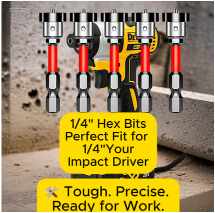 1/4-inch hex bits showcased against a concrete construction setting with a DeWalt drill behind and bold text overlay in yellow.