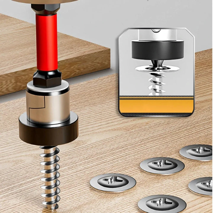 Magnetic hex bit in action driving a screw into wood with washers nearby, demonstrating smooth operation.