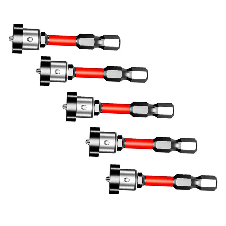 Set of five 1/4-inch hex impact driver bits stacked diagonally with red shafts and magnetic heads, displayed on white background.