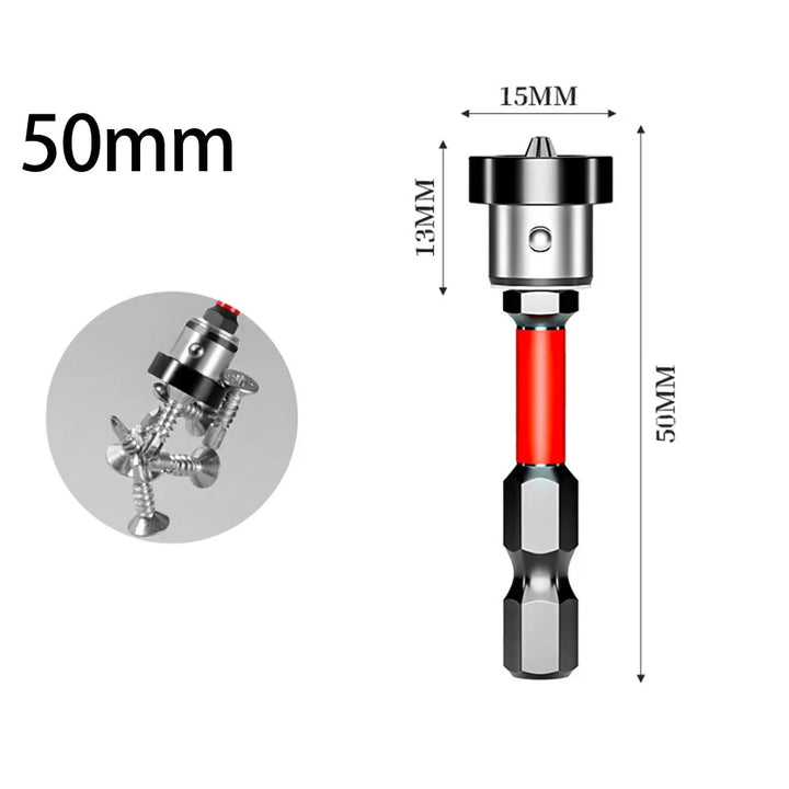 Measurement diagram showing magnetic impact bit dimensions – 50mm length, 15mm head diameter, labeled tips.