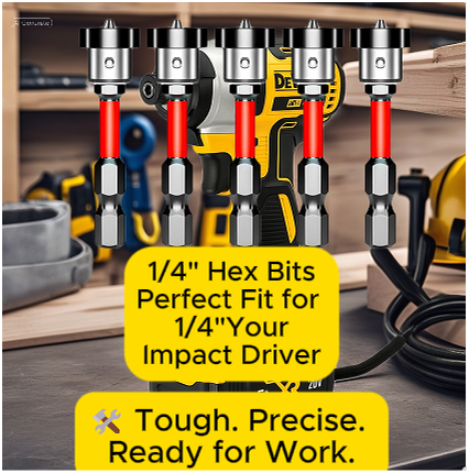 1/4-inch hex bits displayed in front of a DeWalt drill on a cluttered workbench with tools in the background and text overlay.