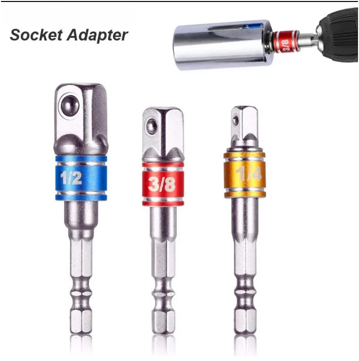 Clean studio image of three metallic socket adapters in blue, red, and gold bands labeled 1/2", 3/8", and 1/4", with a drill inserting a 3/8 adapter into a chrome socket. Plain white background with minimal text that says "Socket Adapter."