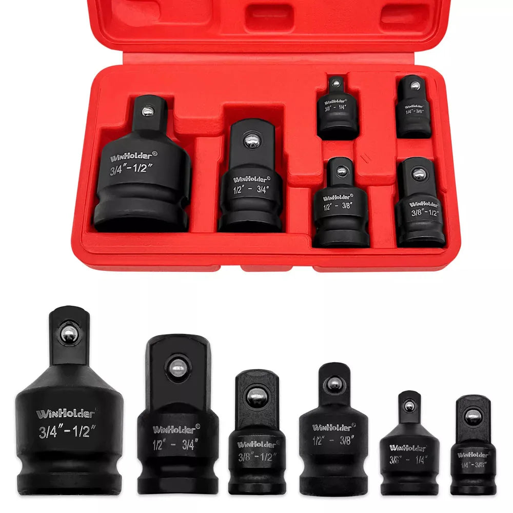 The full socket adapter set opened, showing all six pieces neatly arranged inside the red storage case.