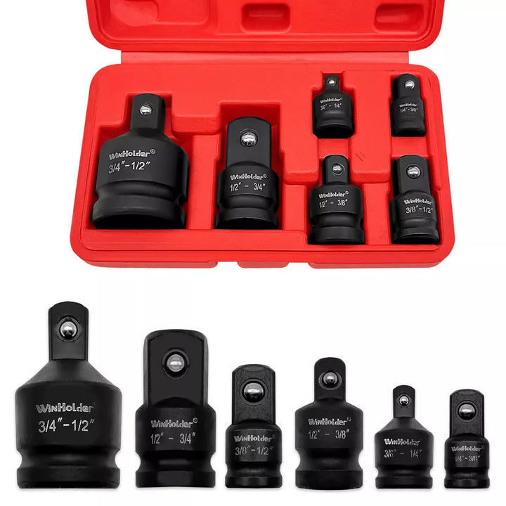 The full socket adapter set opened, showing all six pieces neatly arranged inside the red storage case.