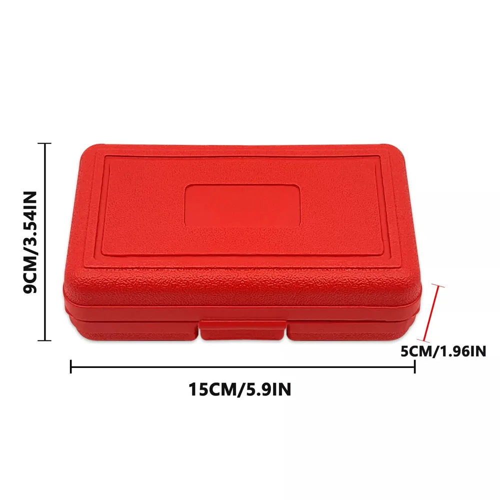 A size guide illustrating the compact dimensions of the red carrying case.