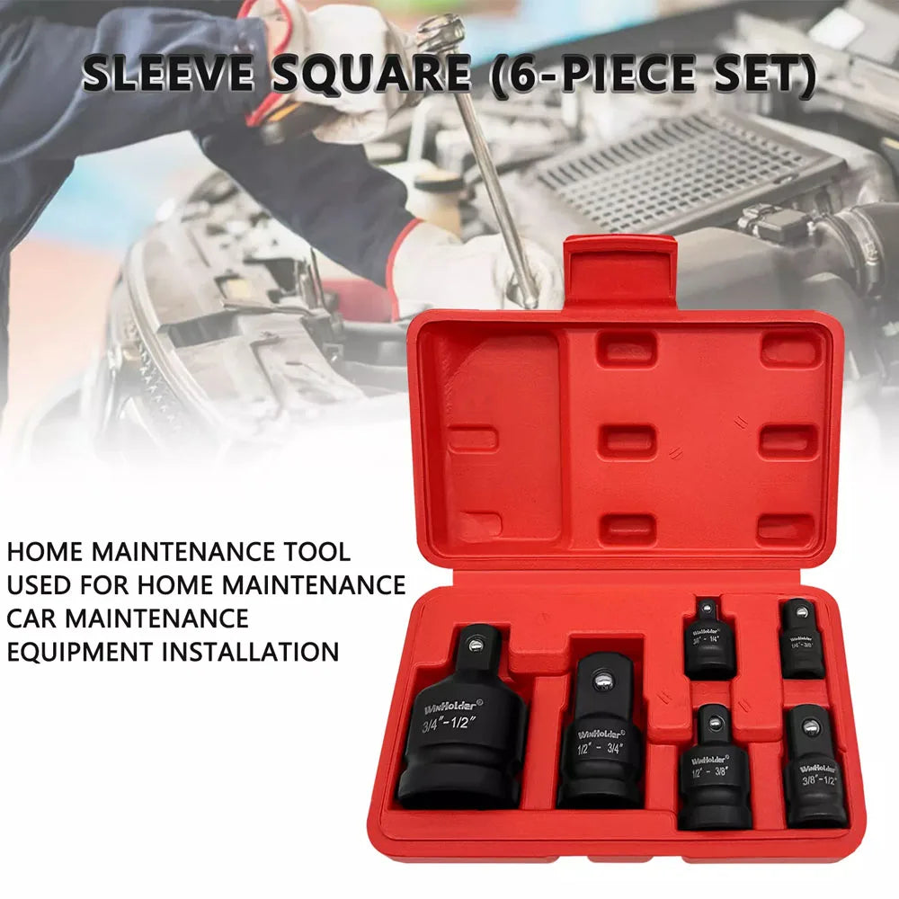 A view of the impact socket adapter set inside its durable red case for storage and transport.