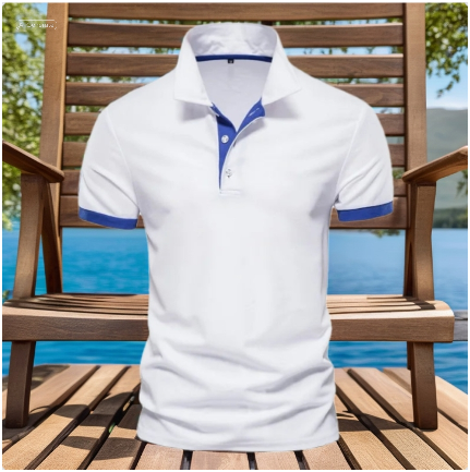 White polo shirt with blue accents draped over chair