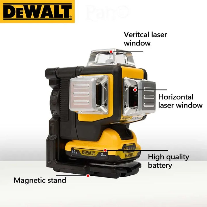 Product diagram with callouts pointing to vertical laser window, horizontal laser window, magnetic stand, and high-quality battery on a white background.
