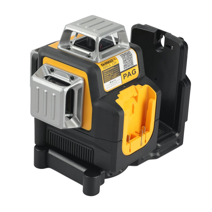 Laser level sitting in an open hard carrying case with visible battery installed. A bright yellow internal mold secures the components.