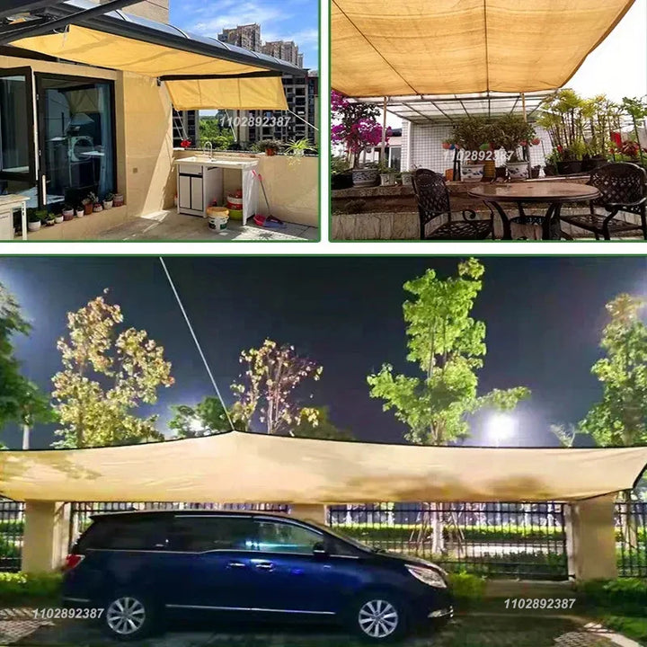 A collage of various setups showing the shade sail used at patios, cafes, homes, and driveways, offering flexible installation across many outdoor settings.