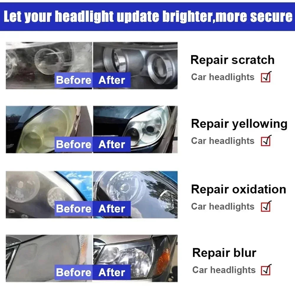 Four sets of headlights demonstrate side-by-side comparisons of oxidation removal and yellow discoloration fix using a headlight repair formula.