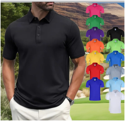 A man wearing a sleek black polo shirt stands confidently on a scenic golf course, with 16 color options for the shirt displayed alongside, highlighting a moisture-wicking, athletic fit ideal for sports or casual wear.