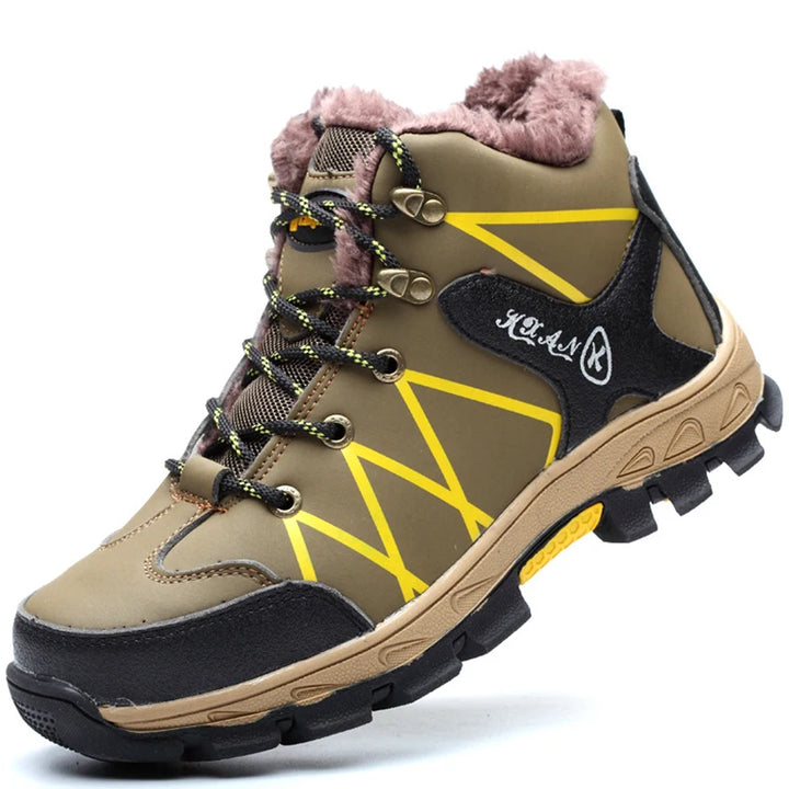 Khaki and yellow plush-lined winter work boots designed for outdoor hiking and safety.