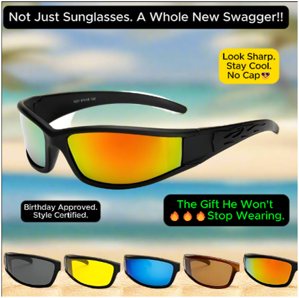 A bold and stylish pair of SmartGearPros polarized sunglasses with mirrored lenses, showcased in five color options on a beach background, featuring vibrant text overlays like "Not Just Sunglasses. A Whole New Swagger" and "The Gift He Won't Stop Wearing" to highlight a gift appeal and teen-approved style.