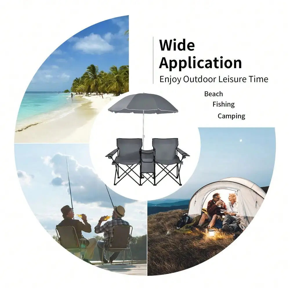 A lifestyle graphic showing the folded chair set in carry mode next to a setup view, ideal for two people seeking shade and comfort on the go.