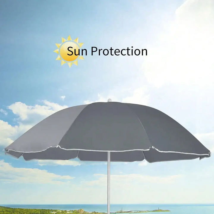 A close-up of the gray umbrella on a bright day with text that emphasizes its UV sun protection, ideal for outdoor lounging or beach trips.