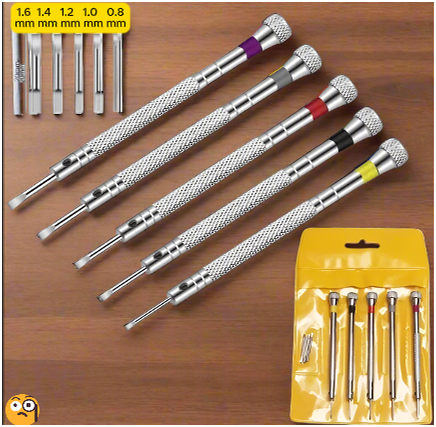 Five precision steel screwdrivers with color-coded heads neatly arranged on a clean wooden surface, alongside a yellow blister pack case showing the full 5-piece set with extra bits.