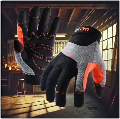 Black and gray SmartGearPros work gloves with orange accents, displayed in a moody workshop with tools on the wall and a workbench lit by overhead lights. Designed for grip, dexterity, and all-day comfort.