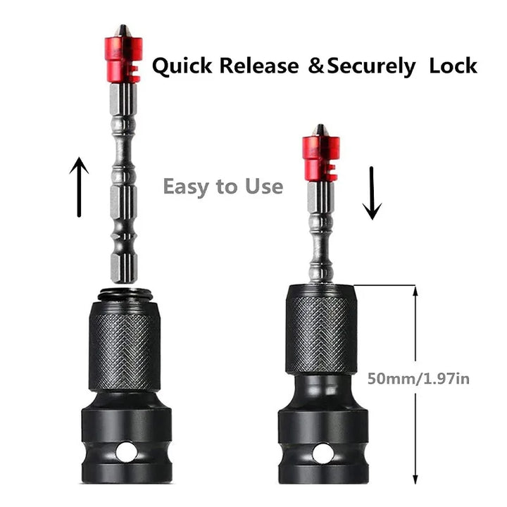 A vertical side-by-side visual guide demonstrates how the adapter quickly locks and releases 1/4" bits from a 1/2" drive, with a labeled 50mm height.